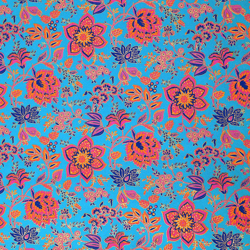 Turquoise floral giftwrap is handmade, vibrant and eye catching